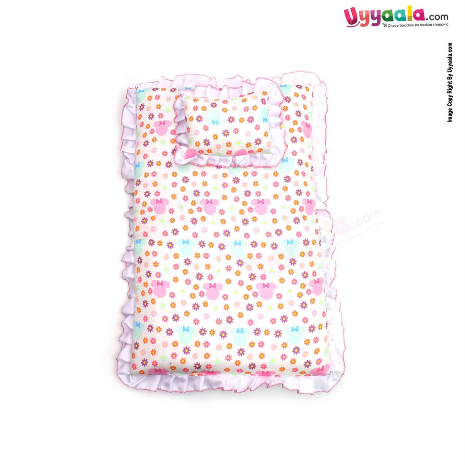 DISNEY Baby Cotton Bedding Set With 2 Bolsters & Pillow - Minnie Mouse Print, Pink, 0+m