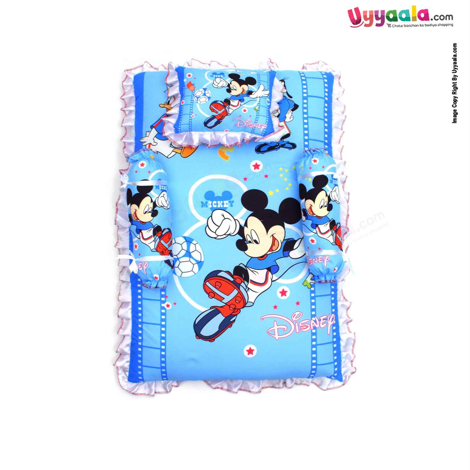 DISNEY Baby Bedding Set of 4 with Bolster and Pillow Cotton, Mickey & Duck Print 0+m Age, Blue
