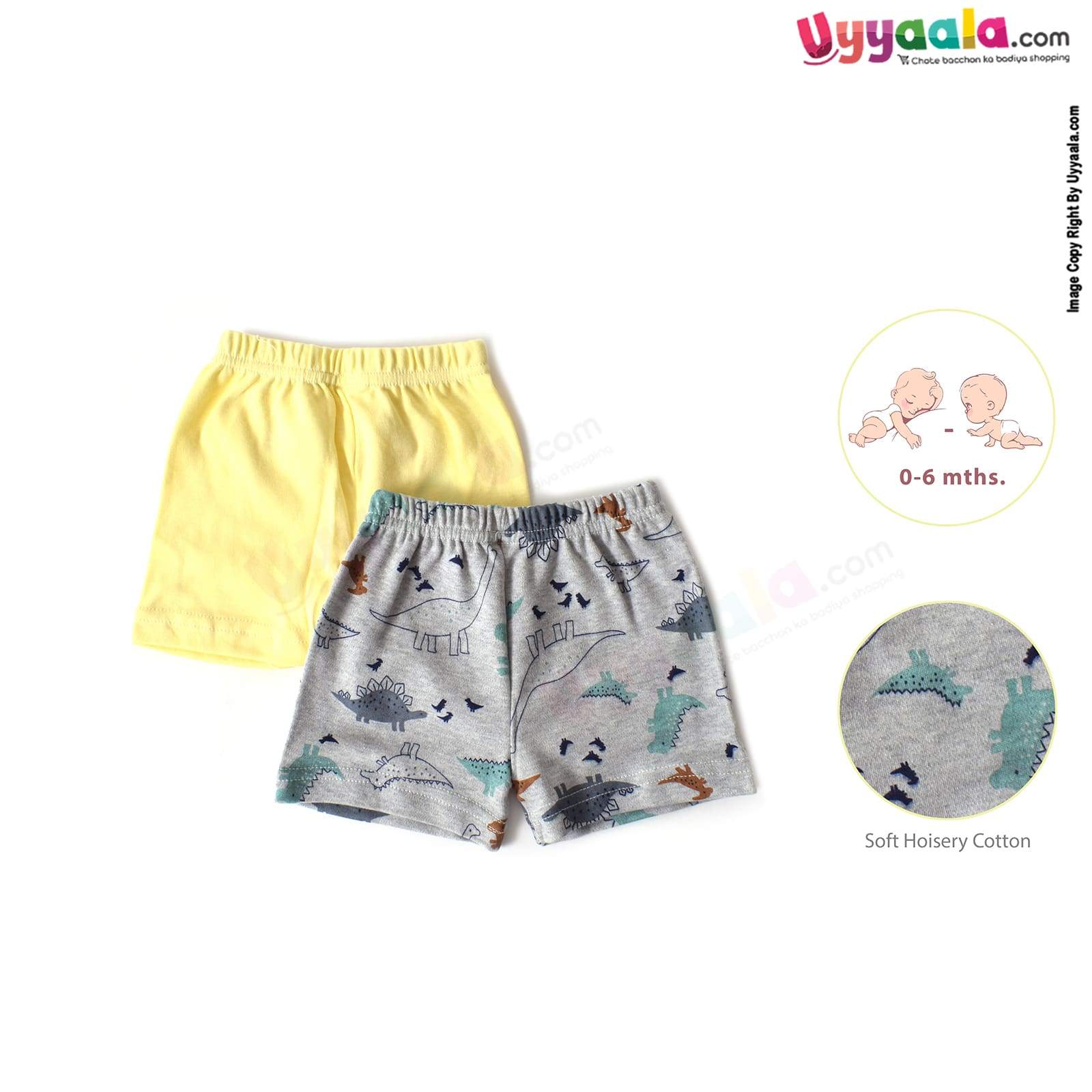 Precious One Shorts 100% Soft Hosiery Cotton Pack of 2 - Gray & Yellow (0-6M)