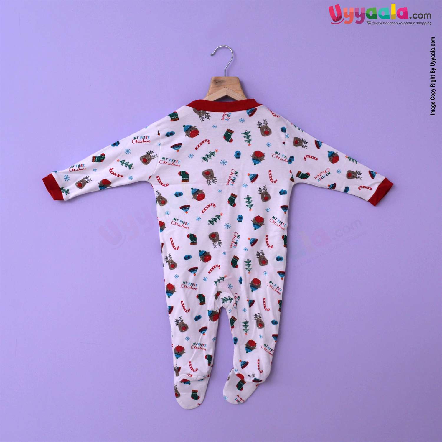 PRECIOUS ONE Sleep Suits soft Hosiery Cotton - Stripes Print Red & White, Plain Red and Christmas Printed White 3P Pack (9-12M)