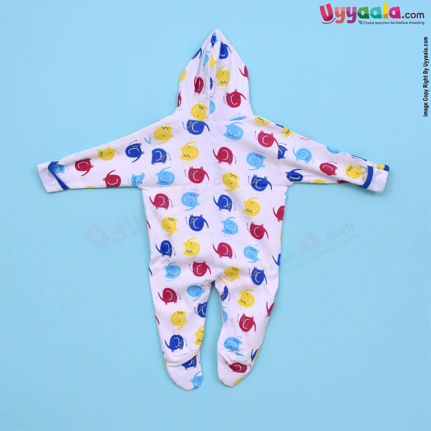 MAGIC TOWN Hooded Sleep Suits Hosiery Blue, Red & White Stripes & Elephant Print White 2P Pack, 3-6m Age