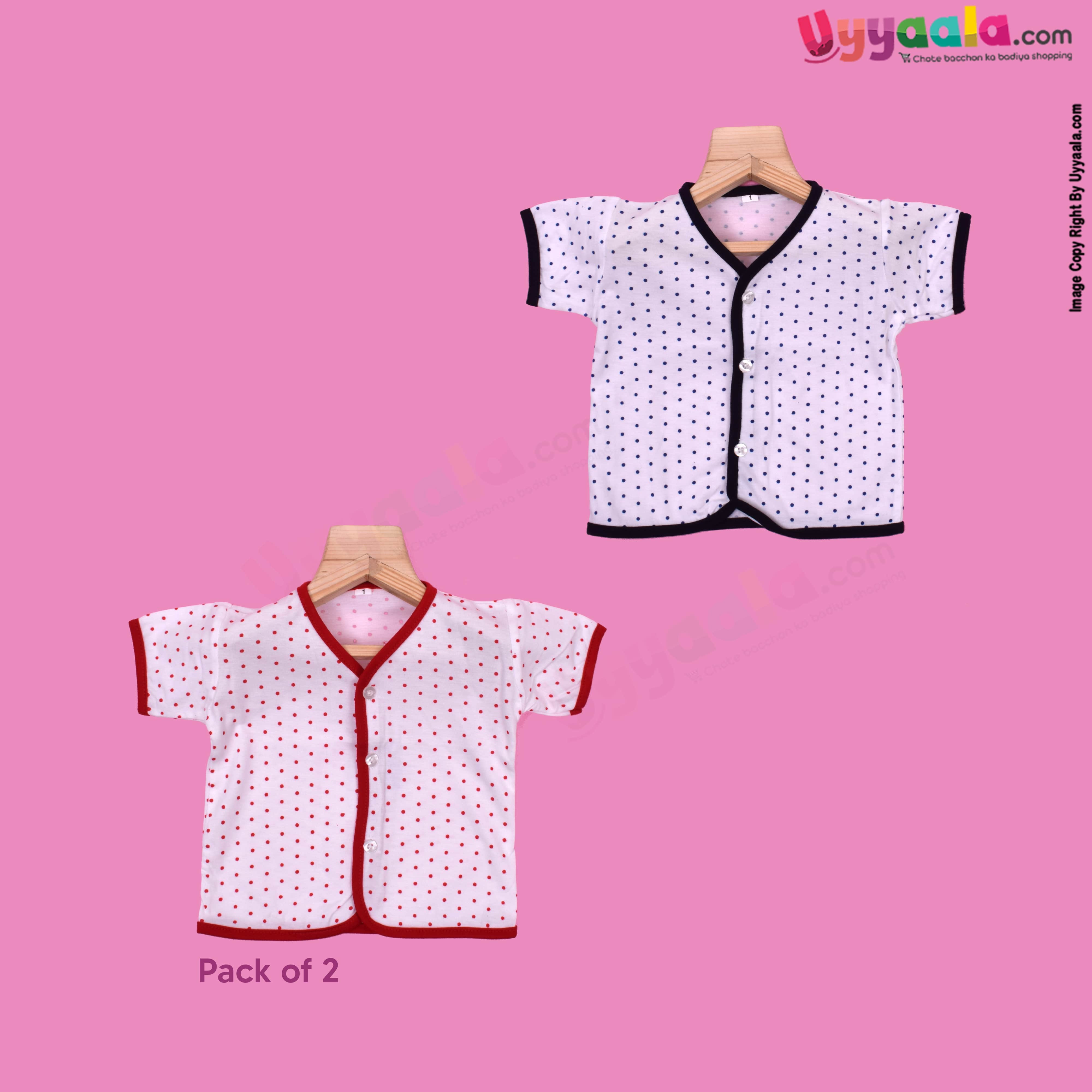 New born half sleeve front open jablas, hosiery cotton - white with red & black polka dots