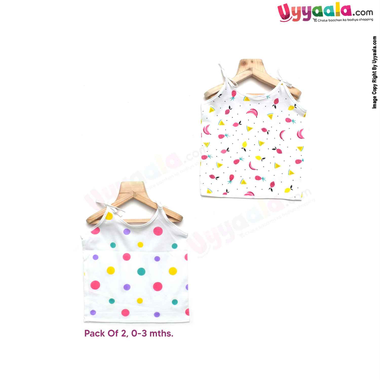 SNUG UP Sleeveless Baby Jabla Set, Top Opening Tie knot Lace Model, Premium Quality Cotton Baby Wear, Fruits & Dots Print, (0-3M), 2Pack - White