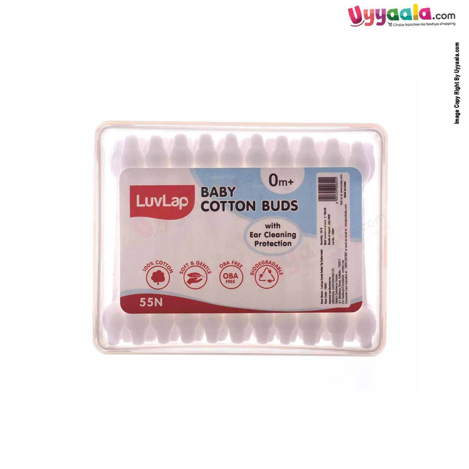 LUVLAP Soft Cotton Baby Earbuds, Twin Head, Hygienic and Baby Safe, 55pcs