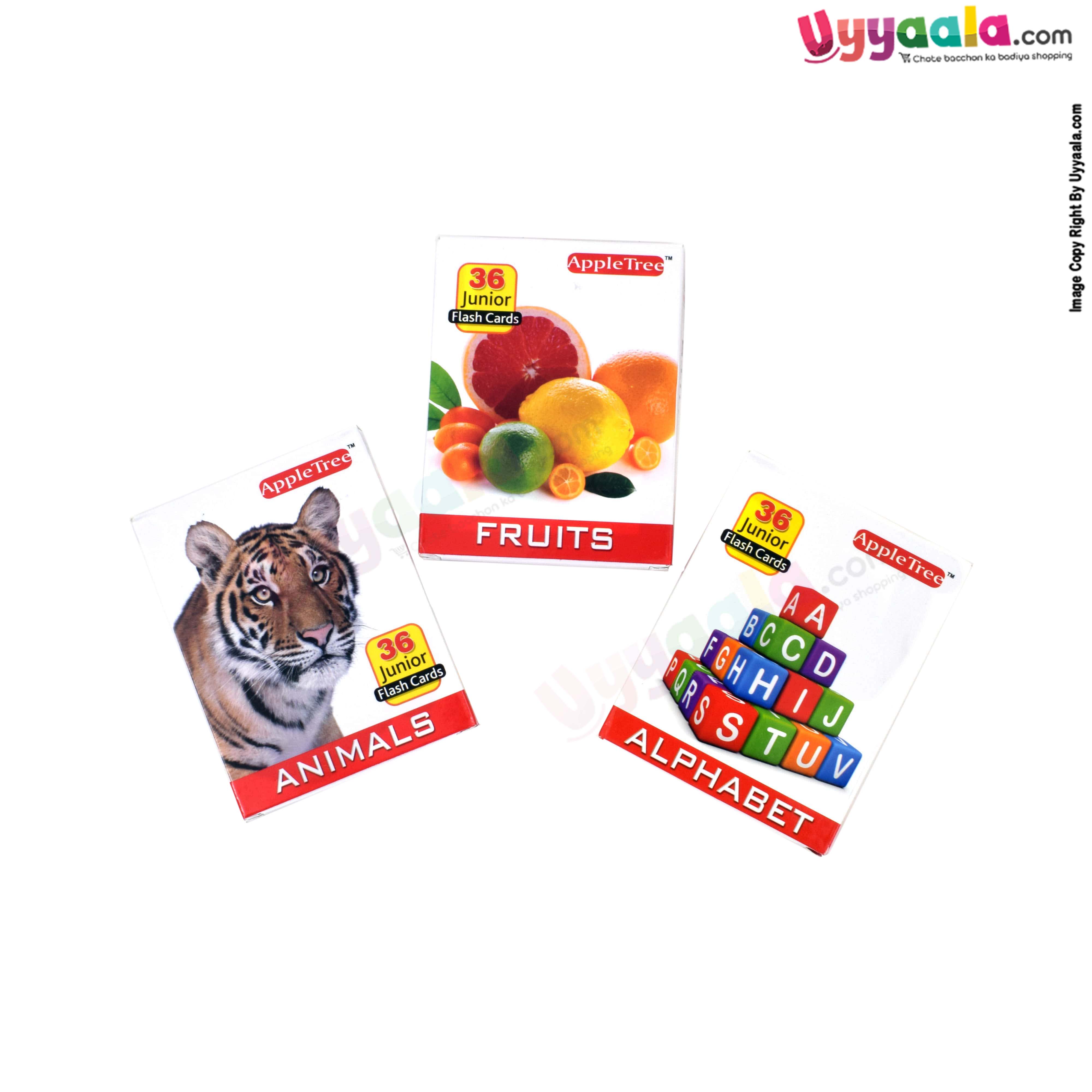 APPLE TREE Junior Flash Cards Pack of 3 - fruits, alphabets & animals