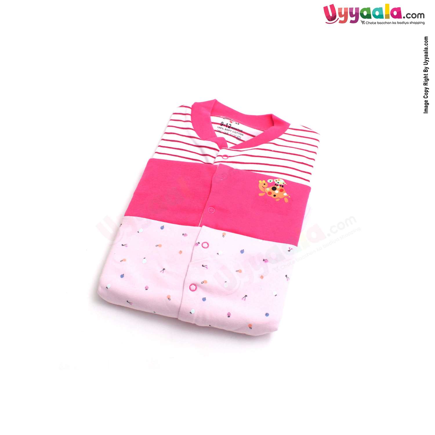 PRECIOUS ONE Sleep Suits soft Hosiery Cotton - Pink 3P Pack (9-12M)