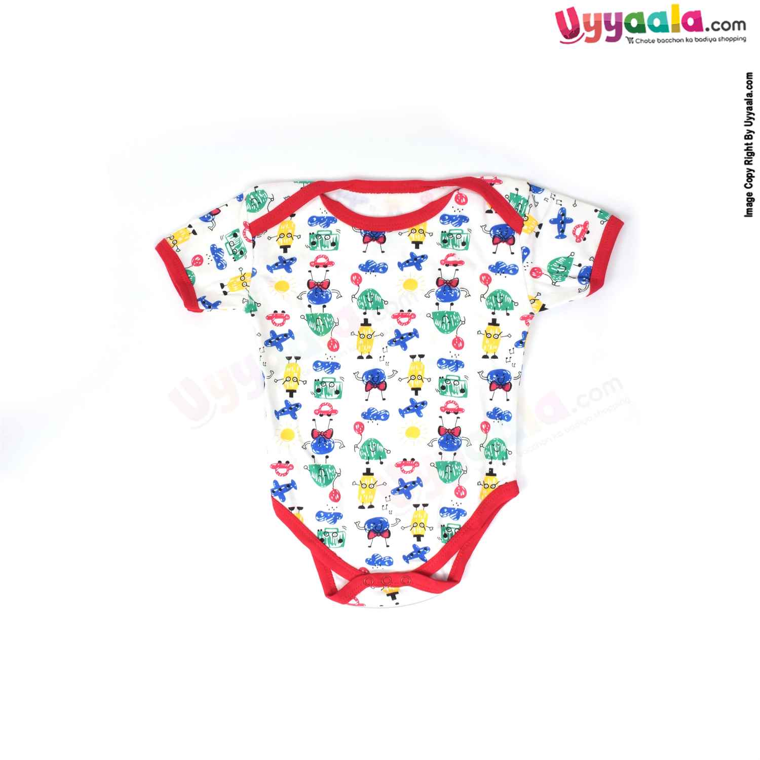 Precious One Short Sleeve Body Suit 100% Soft Hosiery Cotton - Red & White with Assorted Print (9-12M)