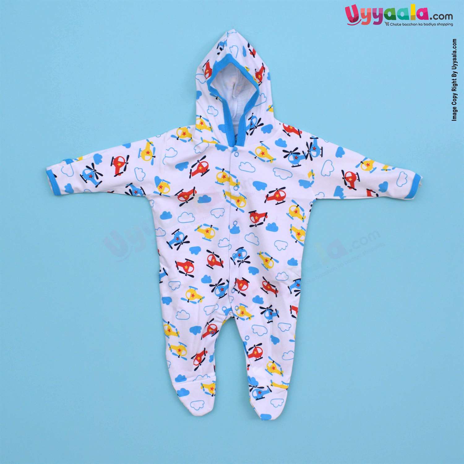 MAGIC TOWN Hooded Sleep Suits Hosiery Plain Sky Blue and Chopper Clouds Print White 2P Pack, New Born