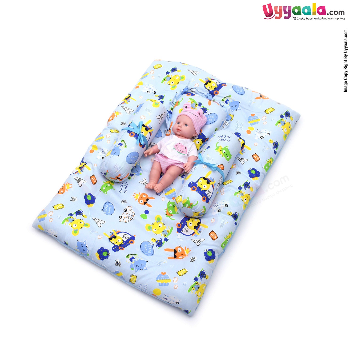 Baby Premium Cotton Bedding Set of 4 with Bolster and Pillow, Cat Print 0-12m Age