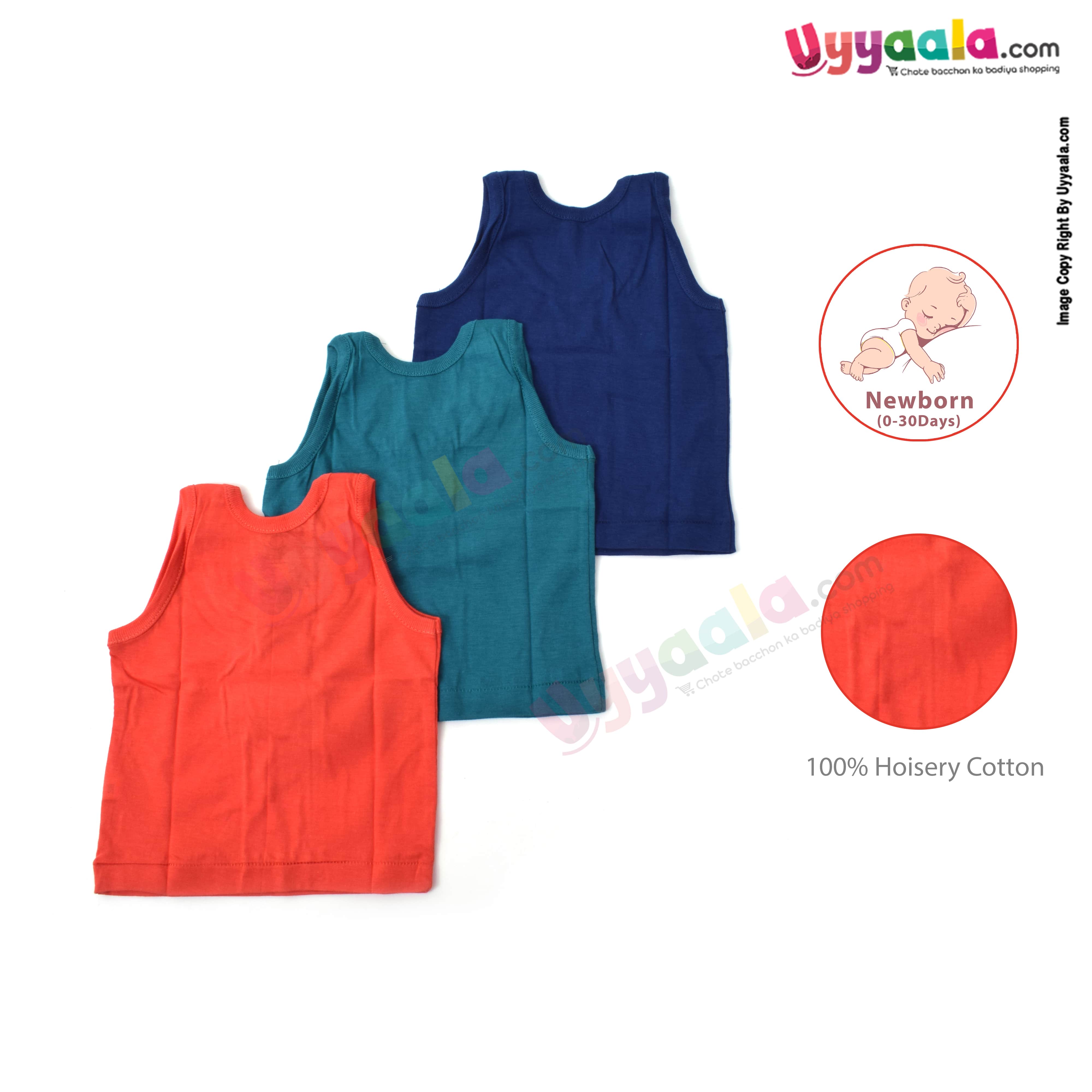 Zero new born sleeveless jablas, hoisery cotton, Pack of 3 -Multicolor with cartoon & textprint
