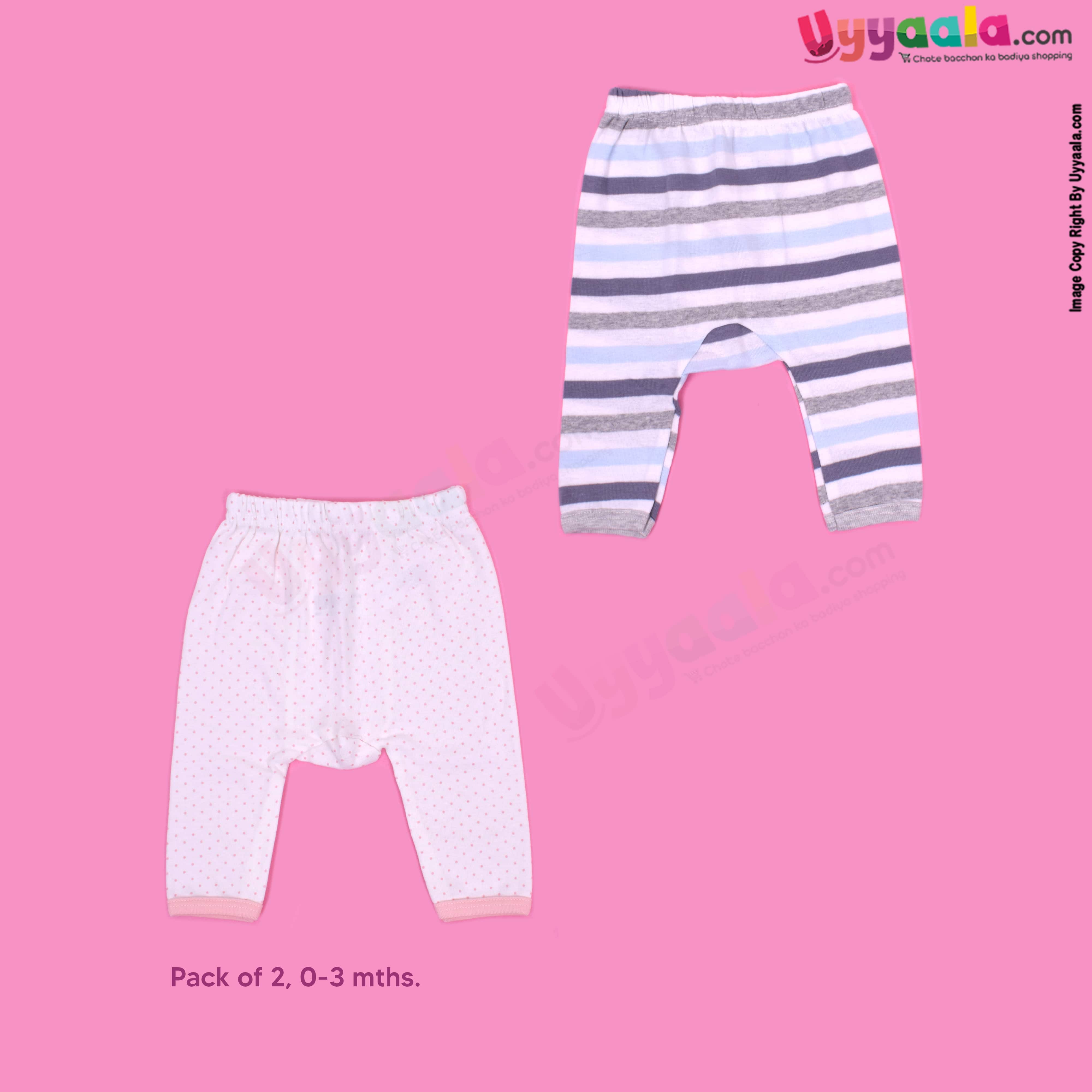 PRECIOUS ONE diaper pants 100% soft hosiery cotton pack of 2 - white with pink dots & multicoloured stripes print (0-3m)