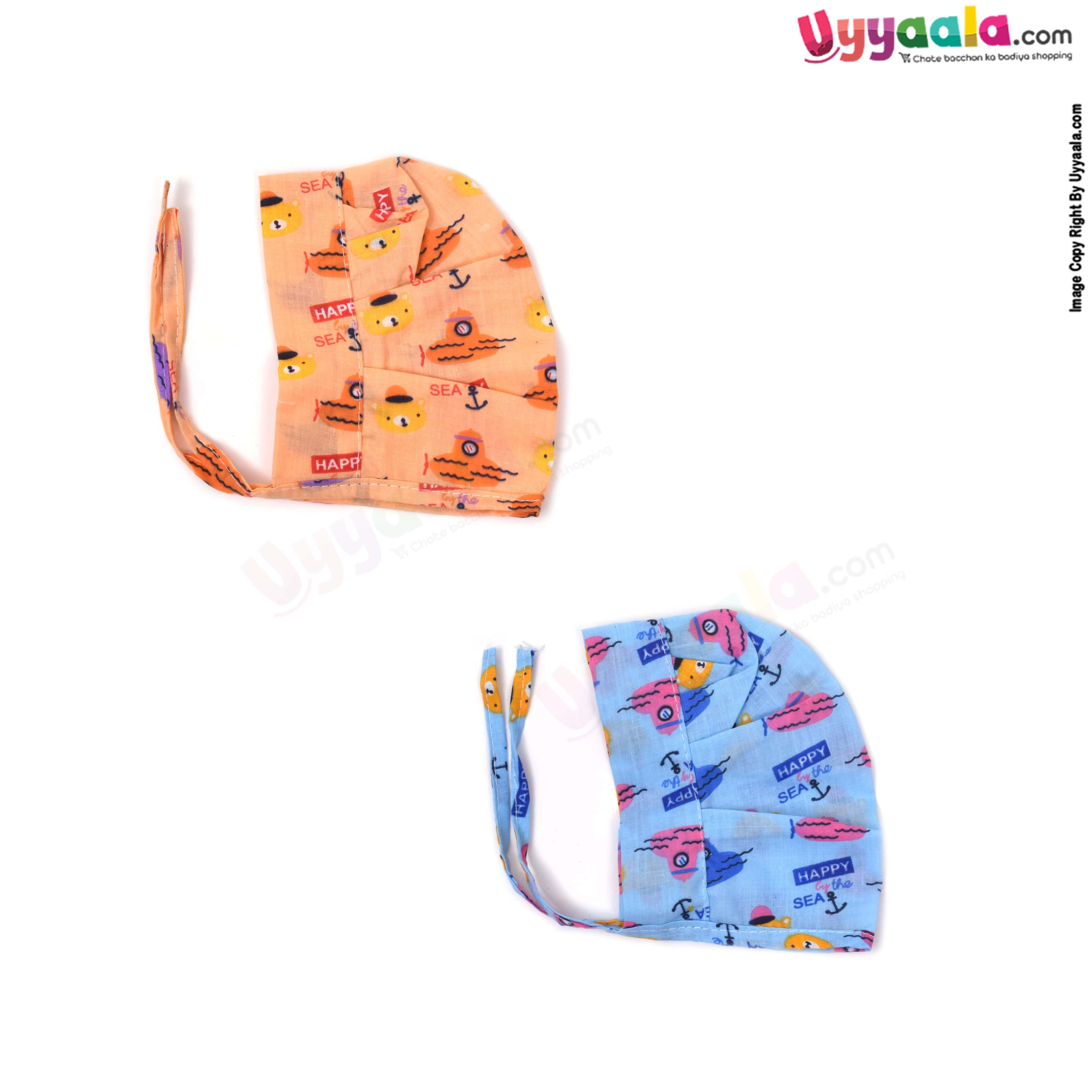 Baby tying cotton caps with teddy bear and Ship print
