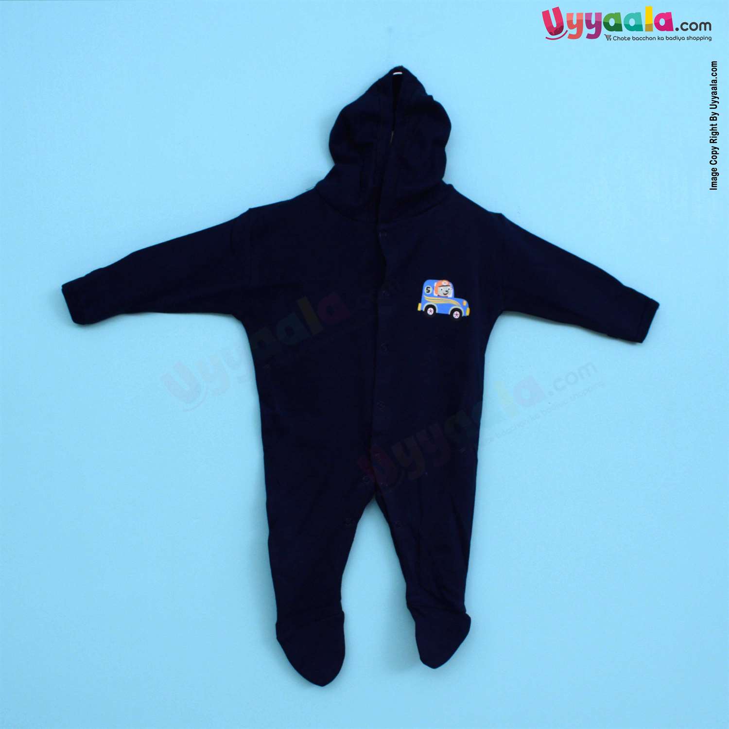 MAGIC TOWN Hooded Sleep Suits Hosiery, Car Printed Grey & Plain Blue 2P Pack, 0-3m Age