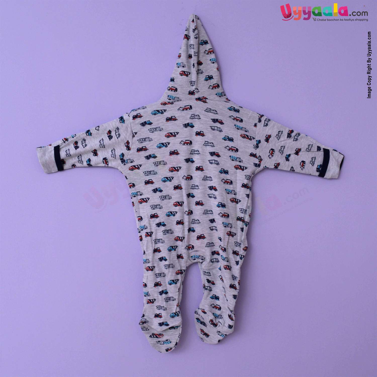 MAGIC TOWN Hooded Sleep Suits Hosiery, Car Printed Grey & Plain Blue 2P Pack, 0-3m Age