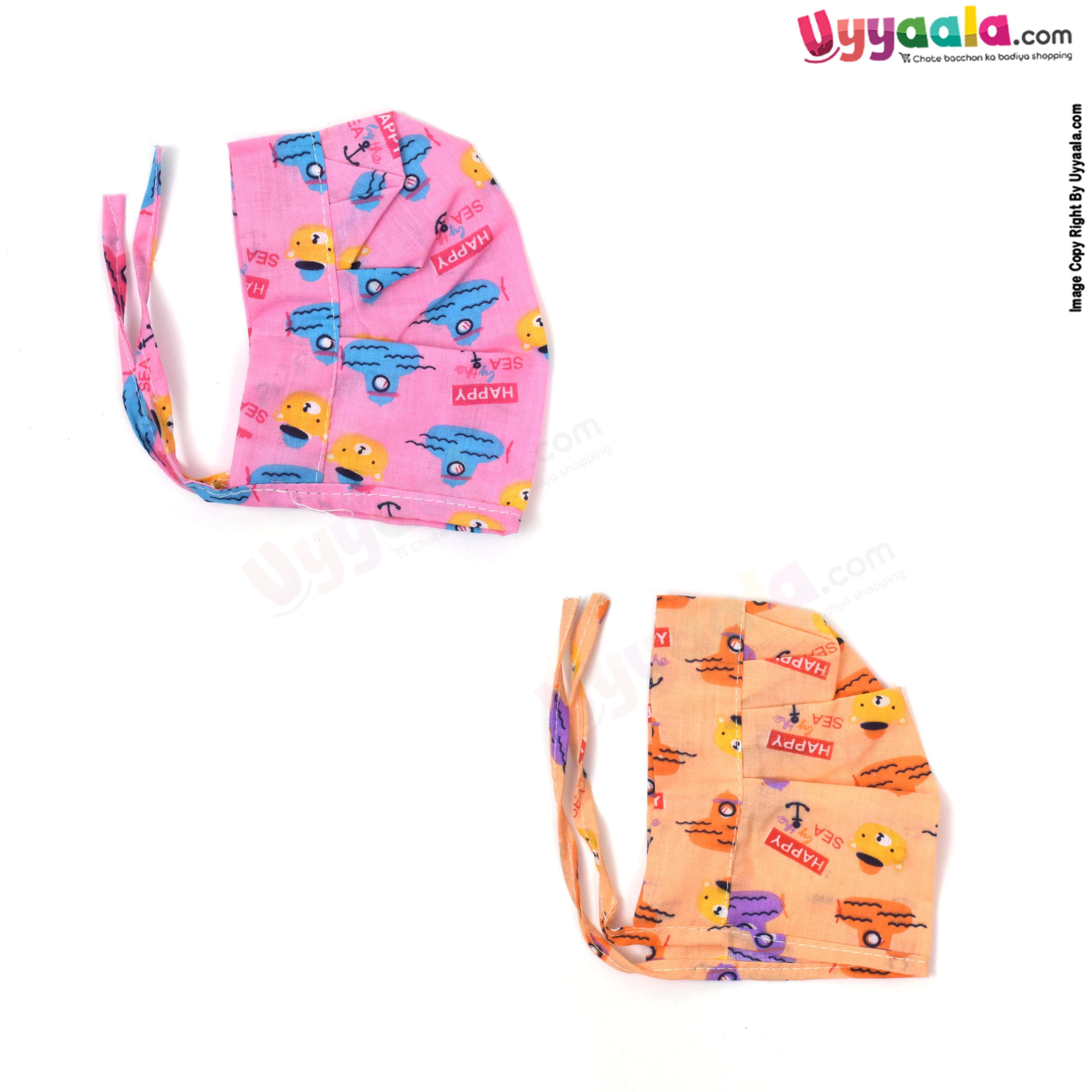Baby tying cotton caps with teddy bear and ship print