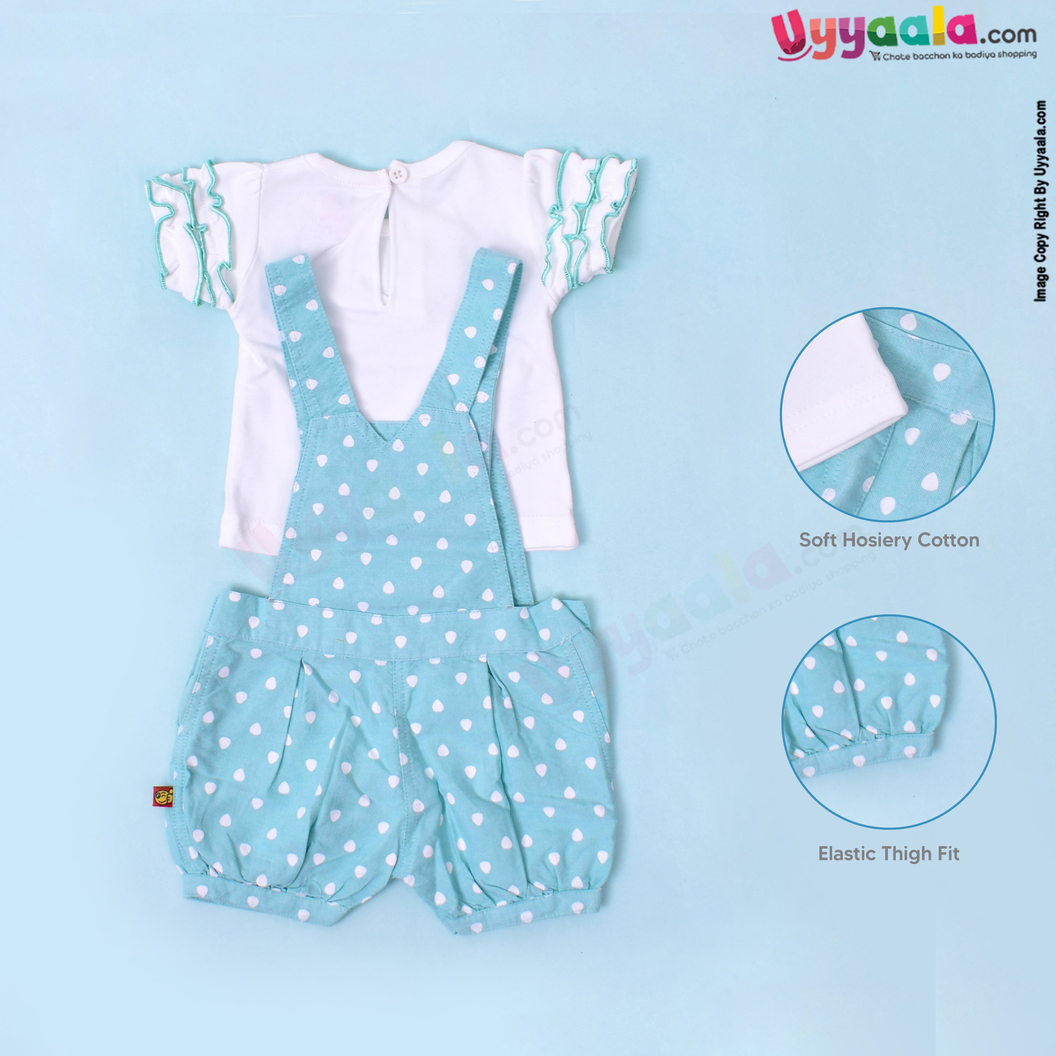 WOW, Branded Short Sleeves Dungaree Front open Button Model Soft Hosiery Cotton, Bear Patch Dotted Print - White & Light Green