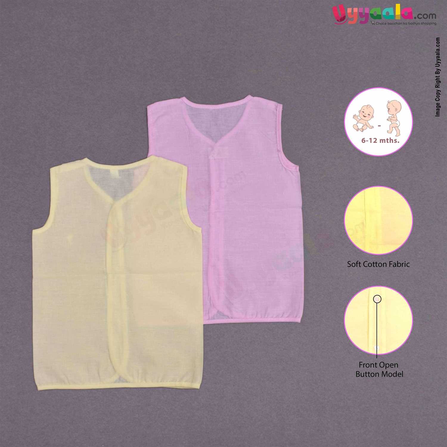 POLAR CUBS Sleeveless Baby Jabla Set, Front Opening Button Model, Premium Quality Cotton Baby Wear, (6-12M) XL, 2Pack - Yellow & Pink