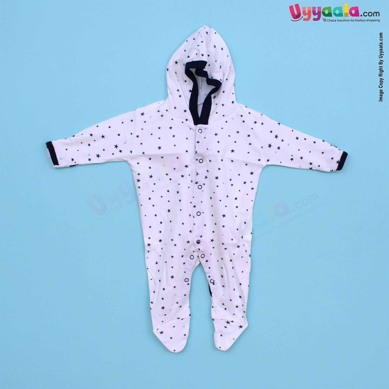MAGIC TOWN Hooded Sleep Suits For Newborn Babies, 2Pcs - Stripes & Star Print, Black & Grey