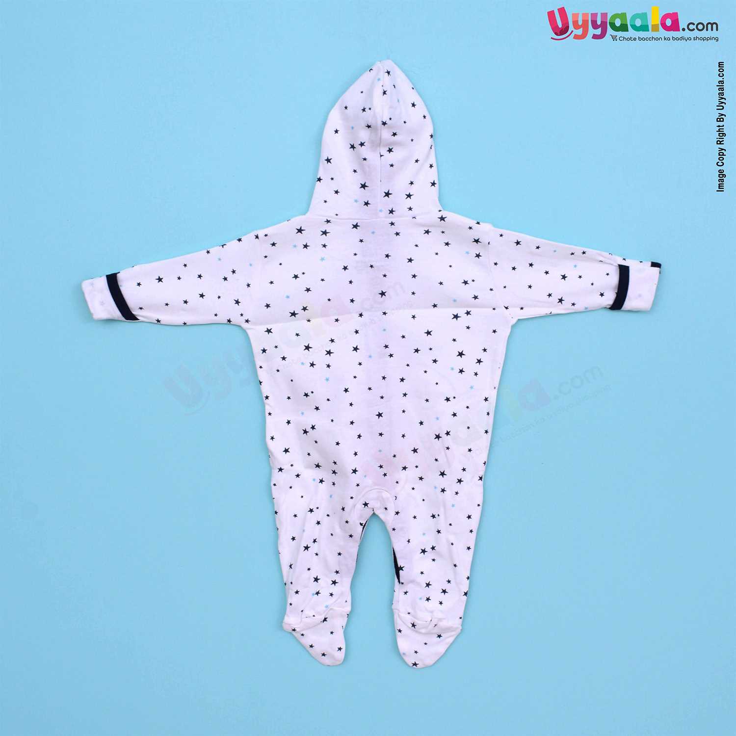 MAGIC TOWN Hooded Sleep Suits For Newborn Babies, 2Pcs - Stripes & Star Print, Black & Grey