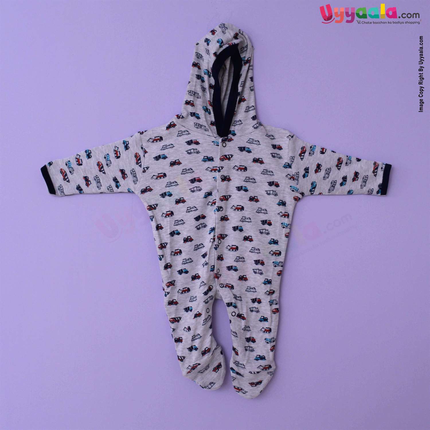 MAGIC TOWN Hooded Sleep Suits Hosiery, Car Printed Grey & Plain Blue 2P Pack, 0-3m Age