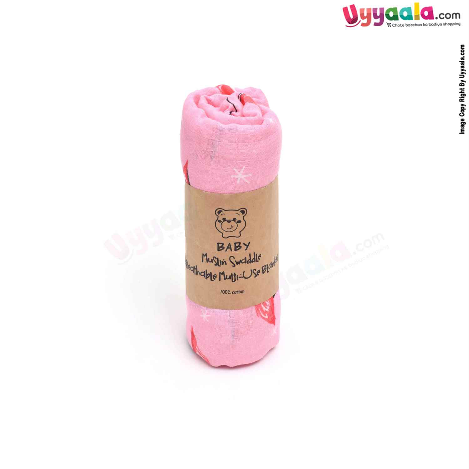 Muslin Swaddle Wrapper with Crane Bird Print for Babies 0-12m Age, Size(124*104cm)- Pink