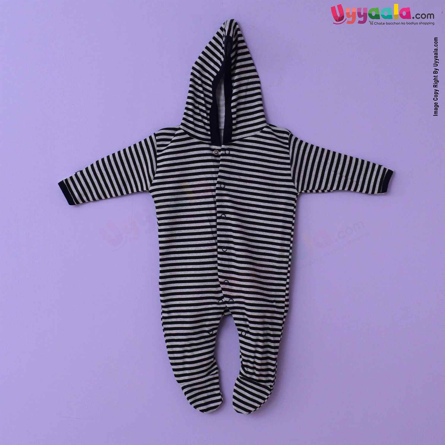 MAGIC TOWN Hooded Sleep Suits For Newborn Babies, 2Pcs - Stripes & Star Print, Black & Grey