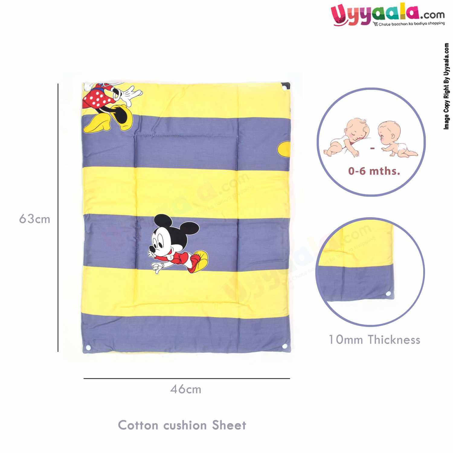 Cotton Foam Cushioned & Plastic detachable Changing Sheets 3+1 Set with Micky Mouse Print,0-6m  - Yellow & Grey