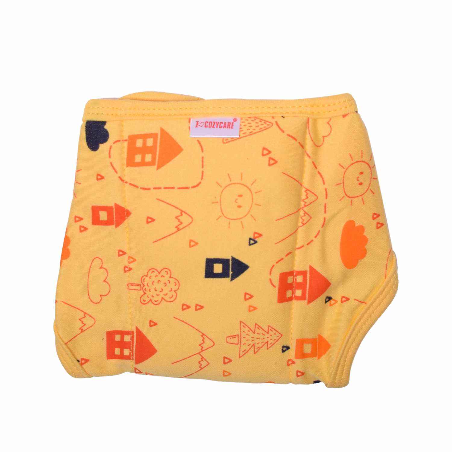 COZYCARE Washable Diapers Hosiery Tying Model House Print Blue, Yellow & Penguin Print Green 3P Set (XS)