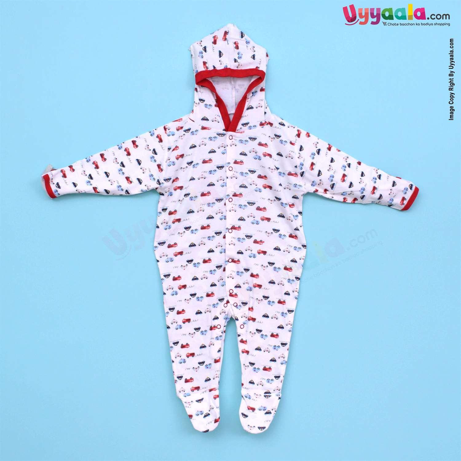 MAGIC TOWN Hooded Sleep Suits For Babies, 2Pcs - Stripes & Car Print, Red & White, (9-12m)
