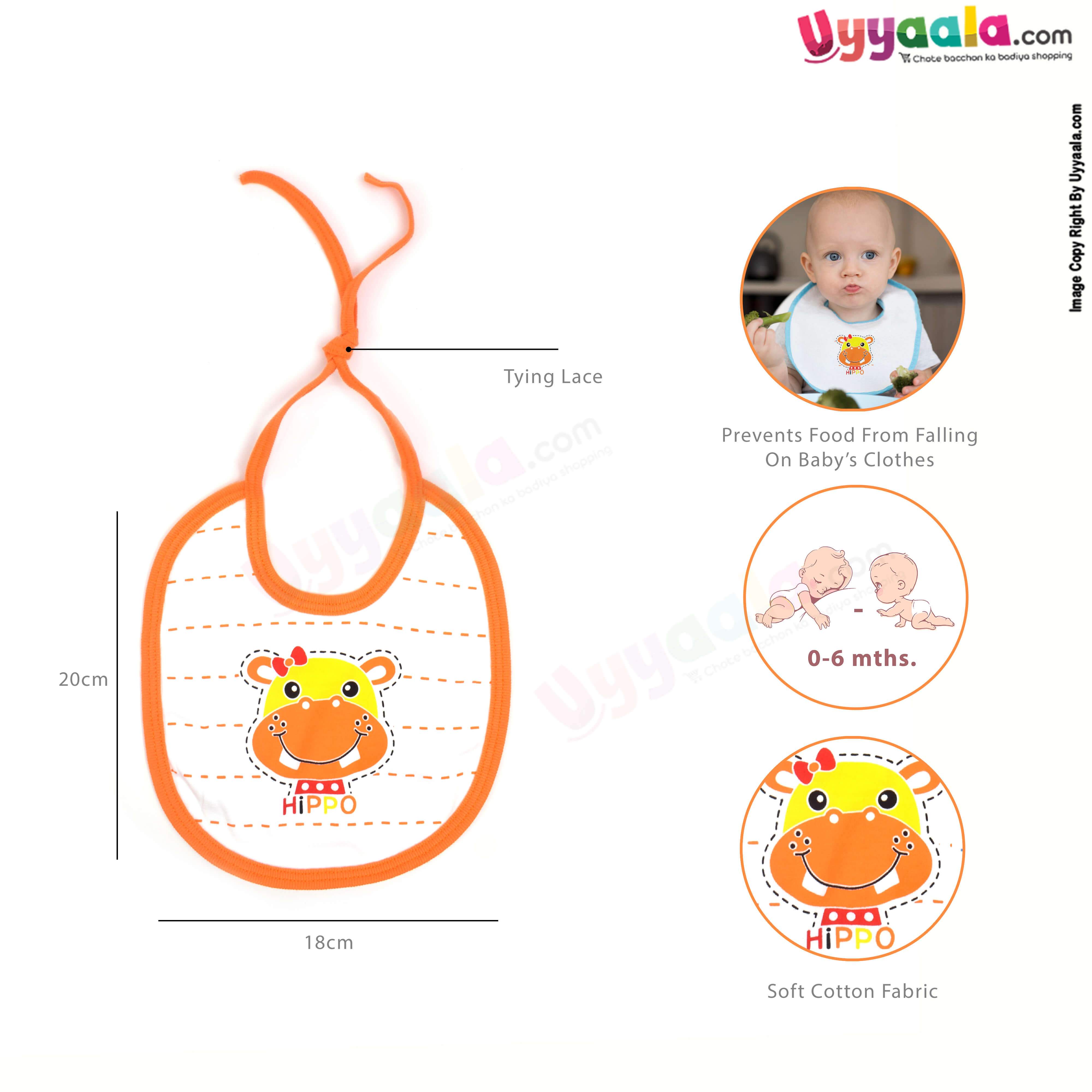 Cotton Baby Feeding Bib, Newborn Top Tieing Model, Kitty & Hippo Print, Pack of 2, (20*18) - White with Yellow & Orange Borders