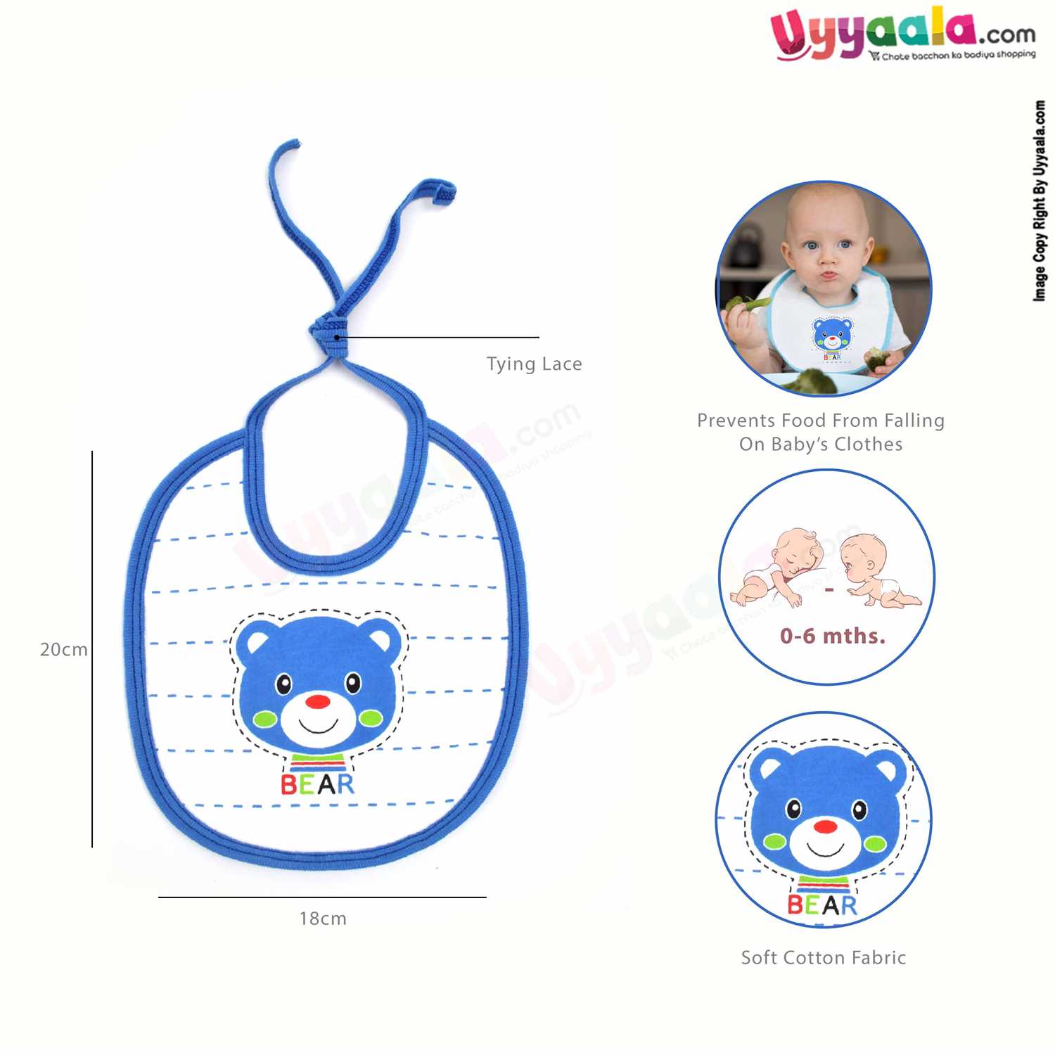 Cotton Baby Feeding Bib, Newborn Top Tieing Model, Teddy Bear & Panda Print, Pack of 2, (20*18) - White with Blue & Red Borders