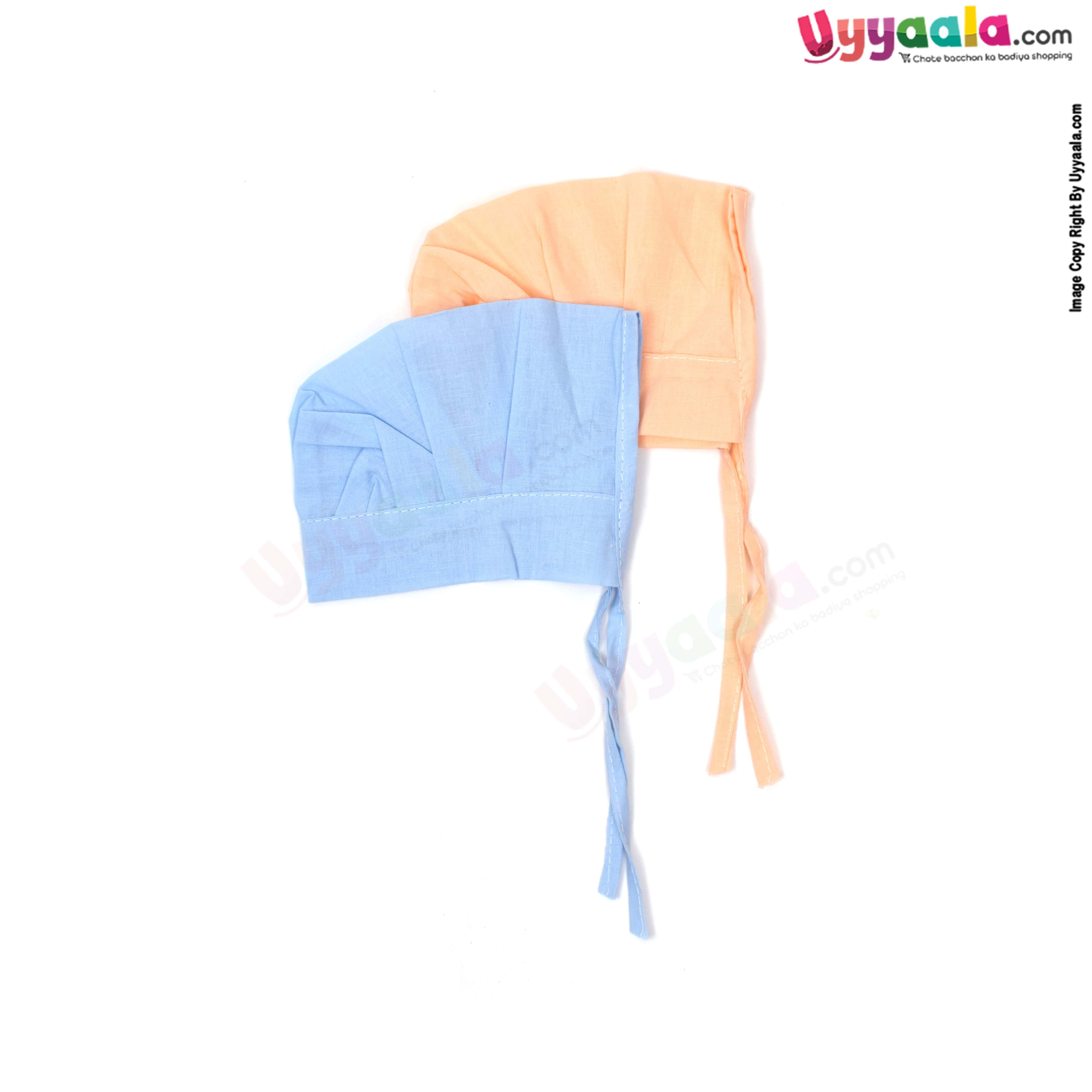 Baby tying cotton caps (Pack of 2) - Plain blue and orange