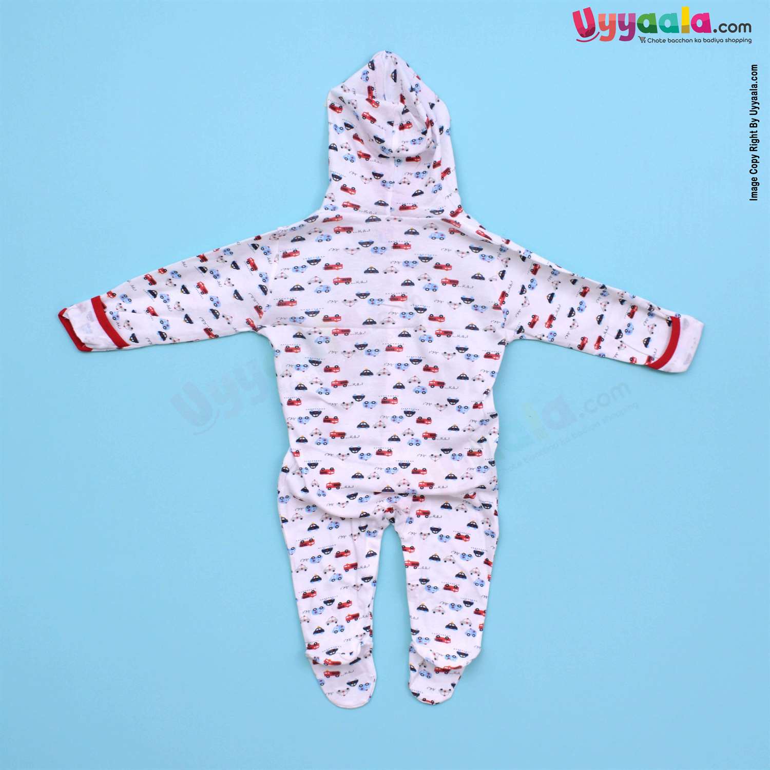 MAGIC TOWN Hooded Sleep Suits For Babies, 2Pcs - Stripes & Car Print, Red & White, (9-12m)