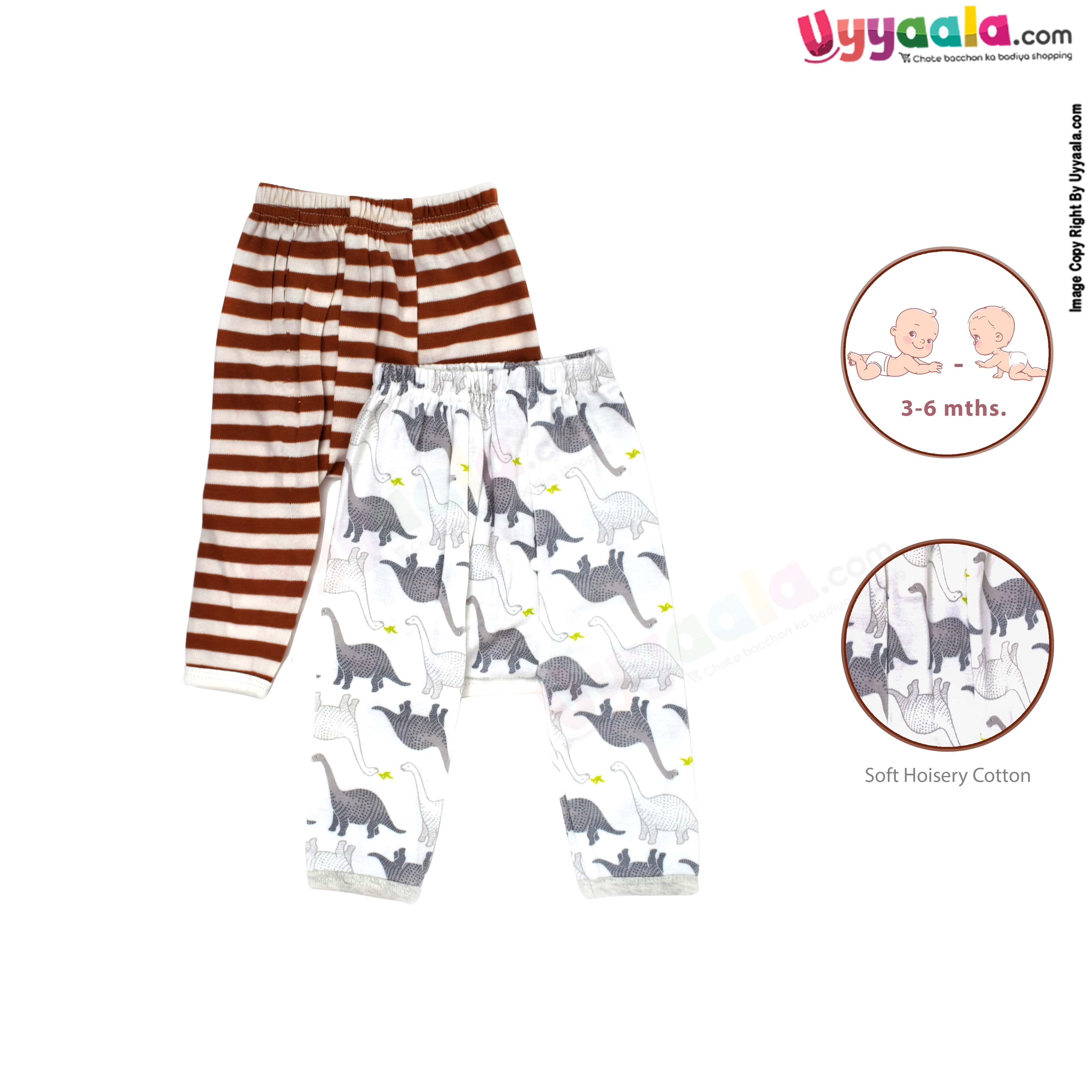 PRECIOUS ONE diaper pants 100% soft hosiery cotton pack of 2 - white with dinosaurs & brown with cream stripes prints (3-6m)