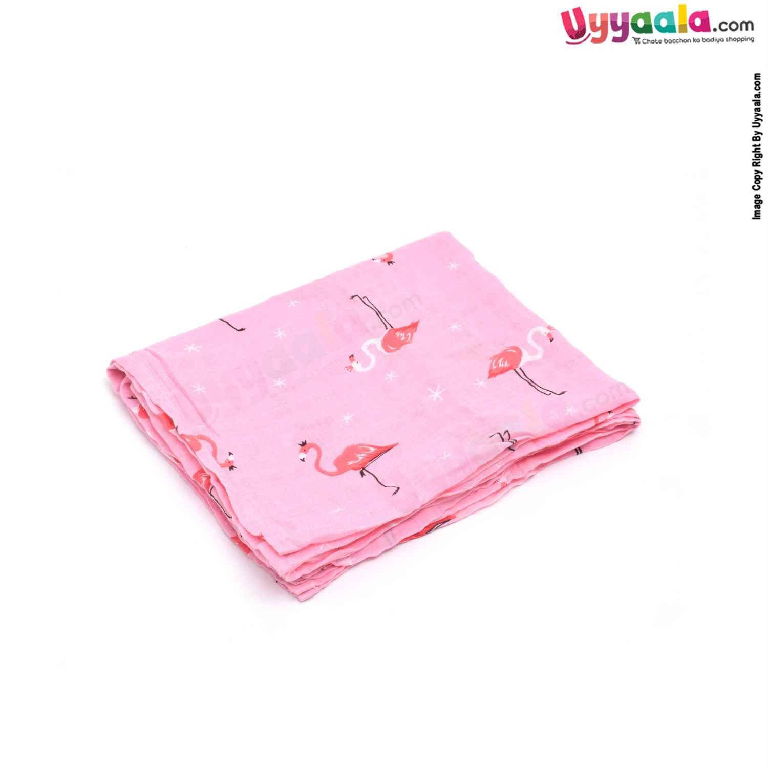 Muslin Swaddle Wrapper with Crane Bird Print for Babies 0-12m Age, Size(124*104cm)- Pink