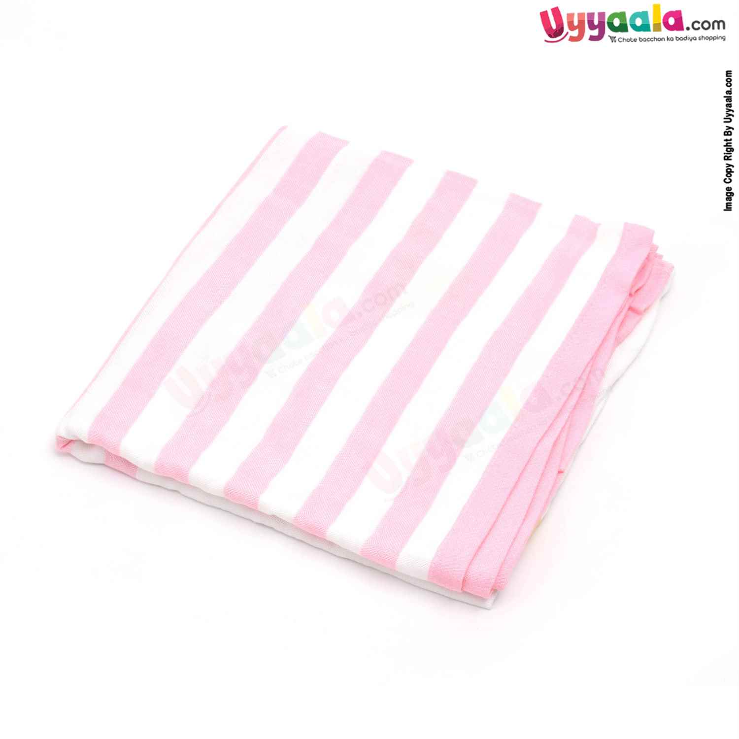 Double Layered Muslin Wrapper with Stripes Print for Babies 0-12m Age, Size(113*105cm)- White & Pink