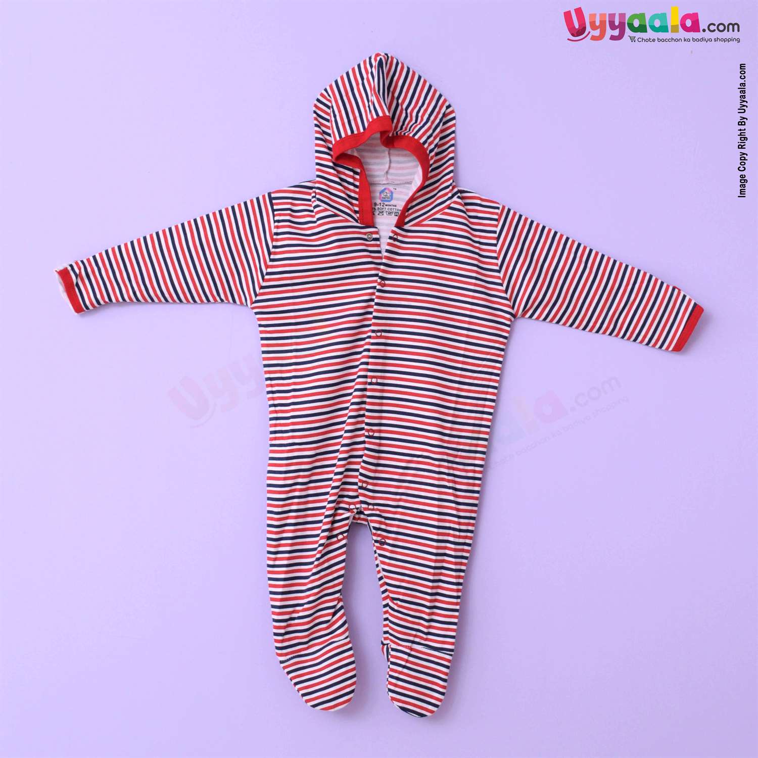 MAGIC TOWN Hooded Sleep Suits For Babies, 2Pcs - Stripes & Car Print, Red & White, (9-12m)