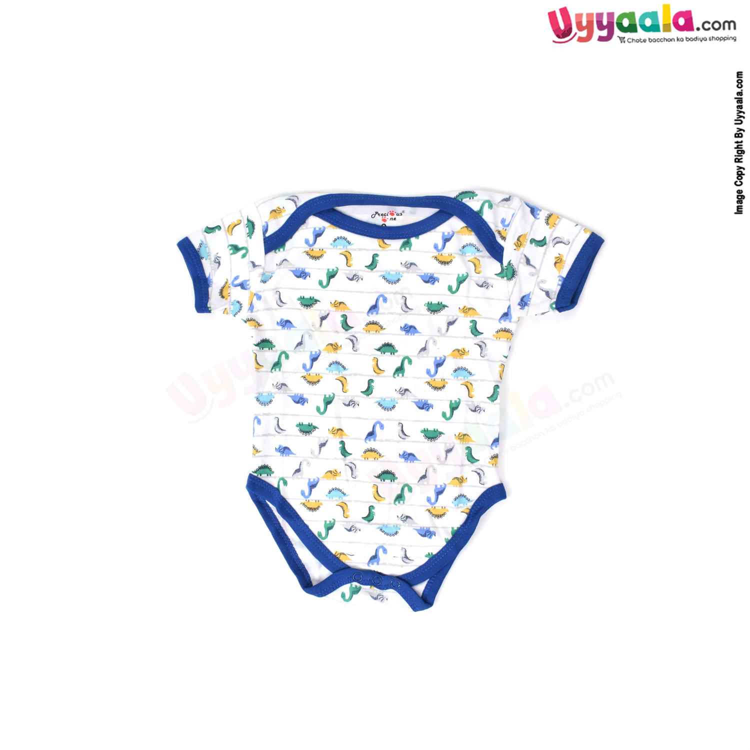 Precious One Short Sleeve Body Suit 100% Soft Hosiery Cotton - Navy Blue & White with Dinosaurs Print (6-9M)