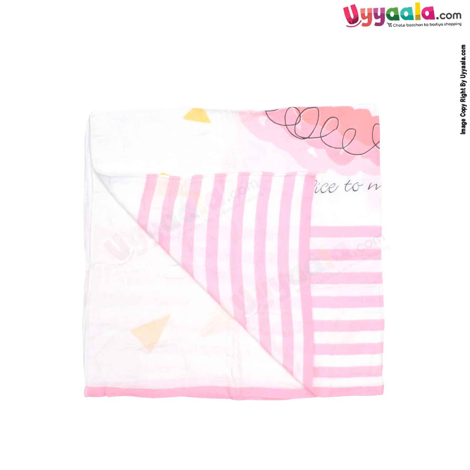 Double Layered Muslin Wrapper with Stripes Print for Babies 0-12m Age, Size(113*105cm)- White & Pink