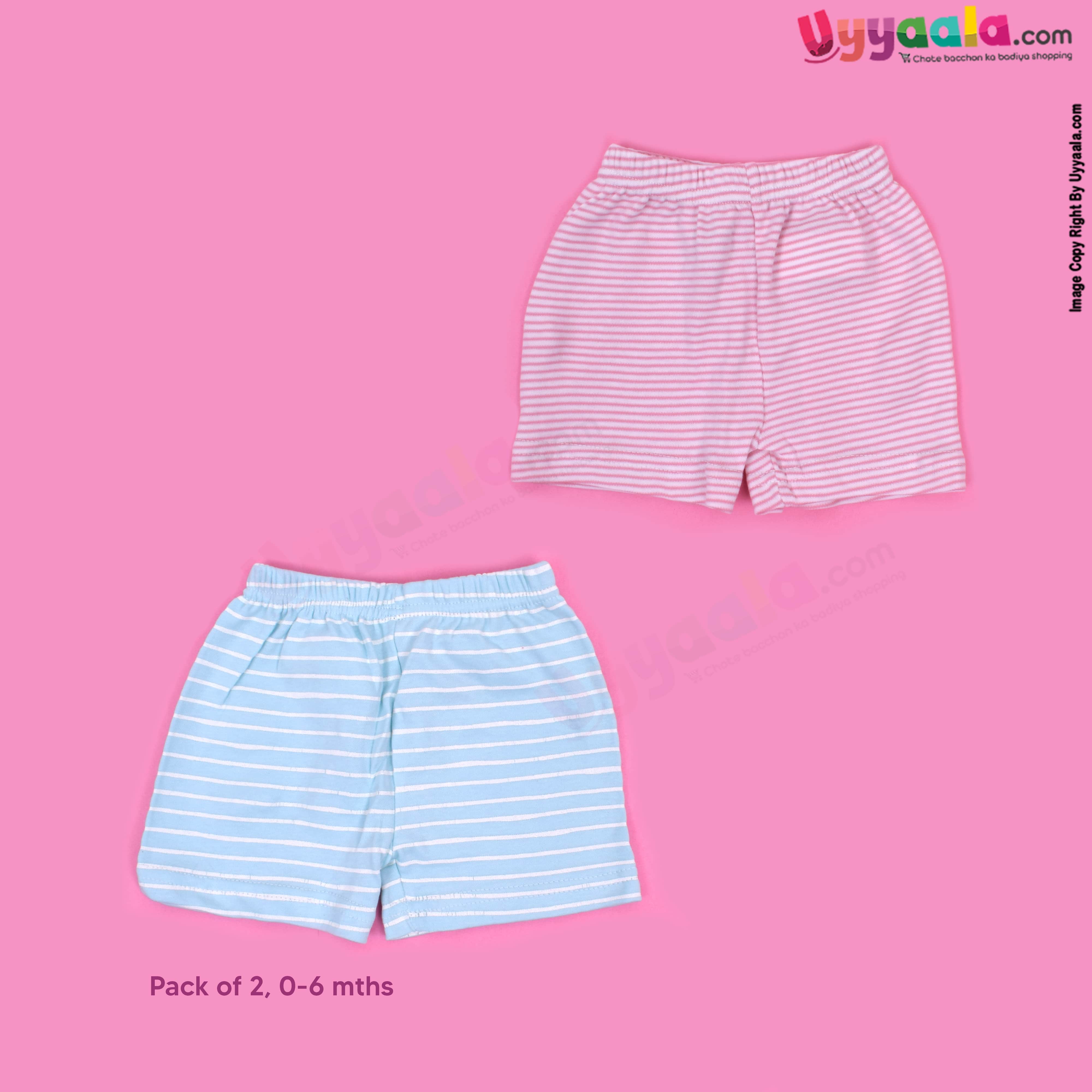 PRECIOUS ONE shorts 100% soft hosiery cotton pack of 2 - pink & blue with white stripes
