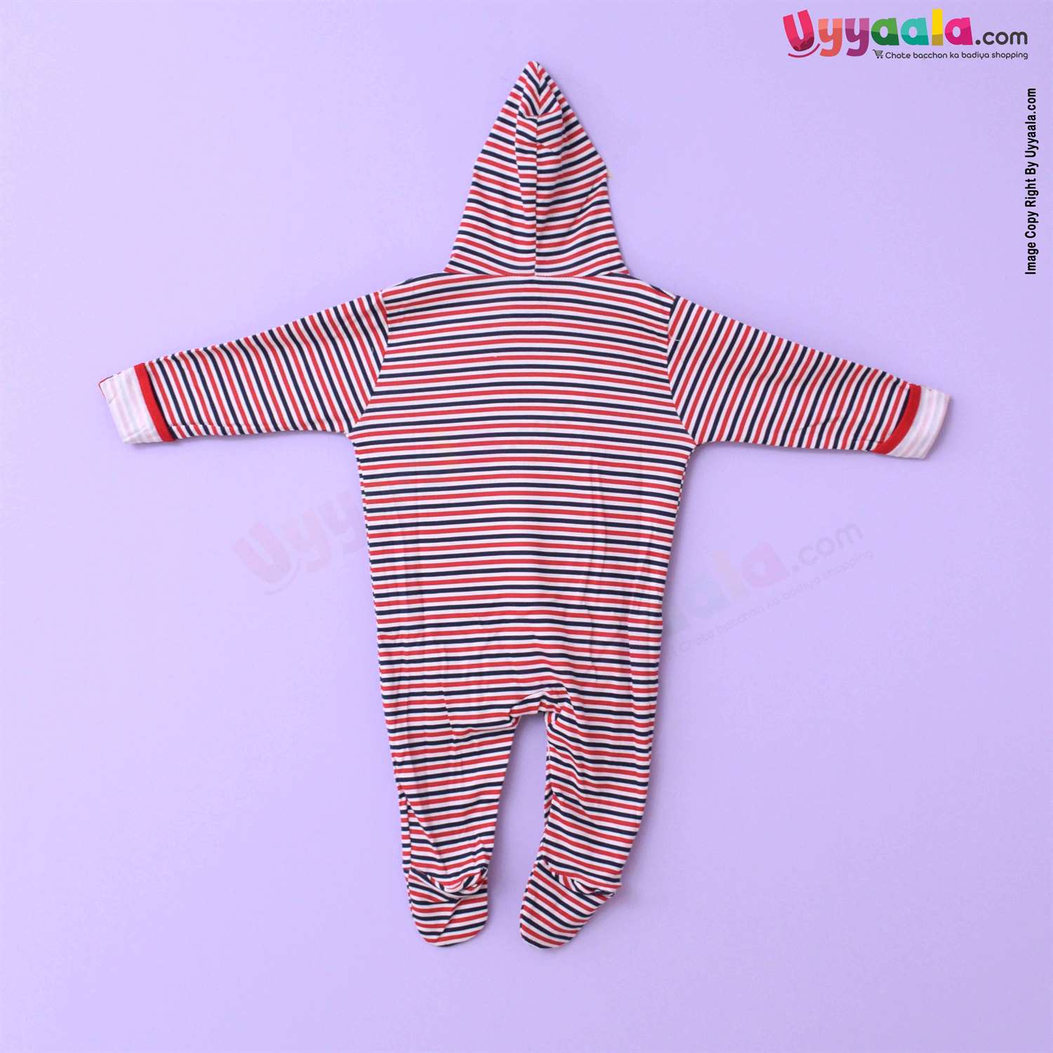 MAGIC TOWN Hooded Sleep Suits For Babies, 2Pcs - Stripes & Car Print, Red & White, (9-12m)