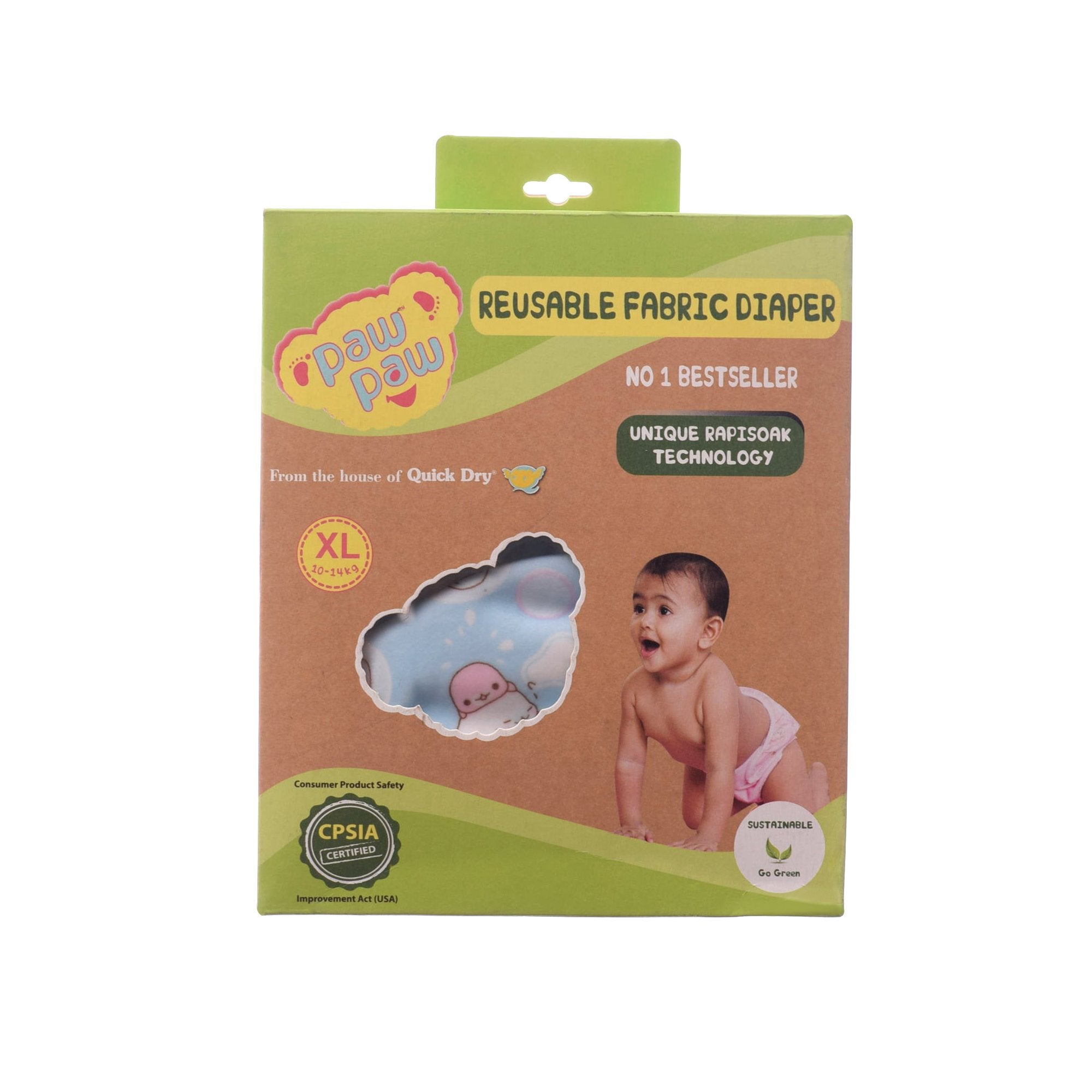 Paw Paw Washable Baby Diaper for reuse with Pad, Size XL (for 10-14kg Baby) - Blue