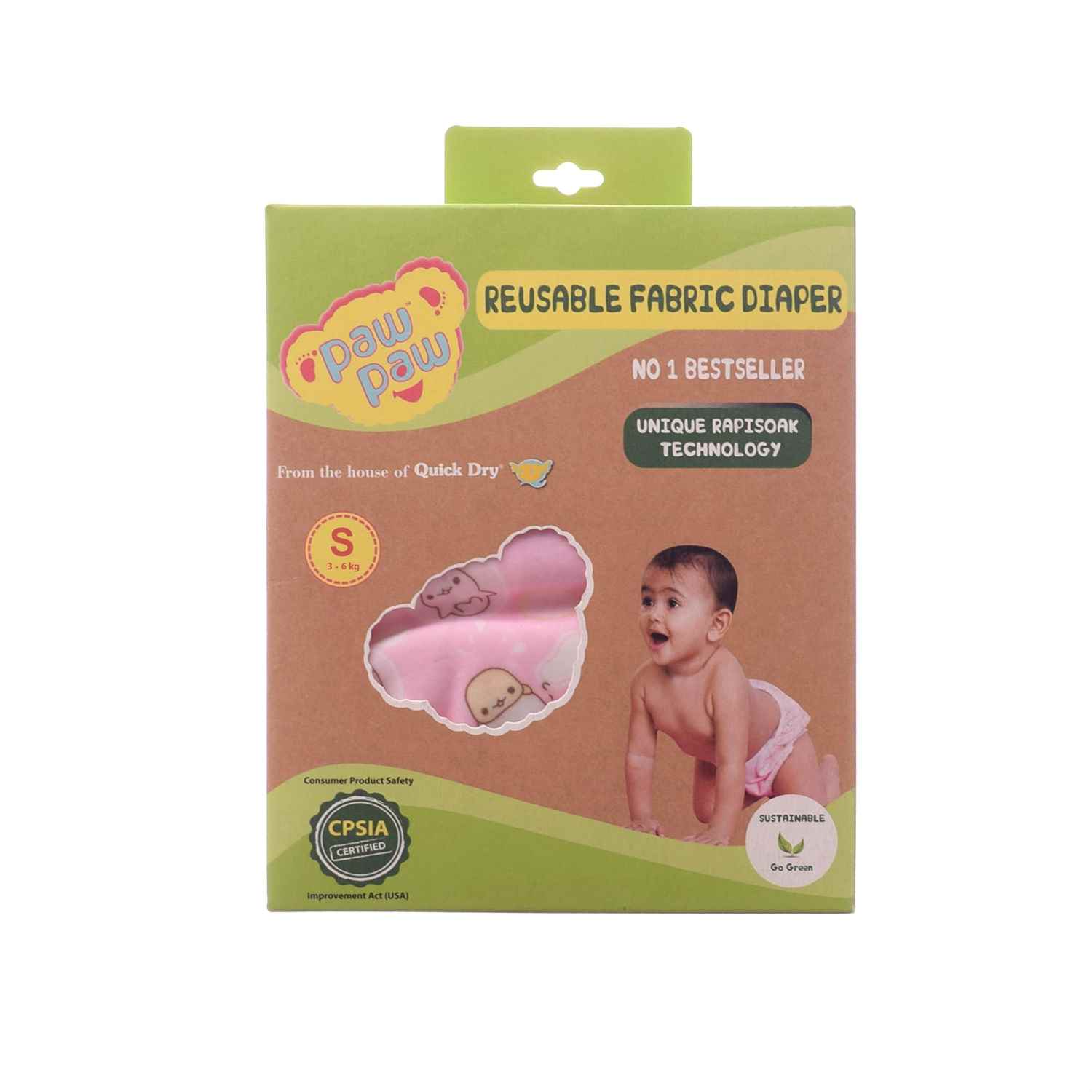 Paw Paw Washable Baby Diaper for reuse with Pad, Size S (for 3-6kg Baby) - Pink