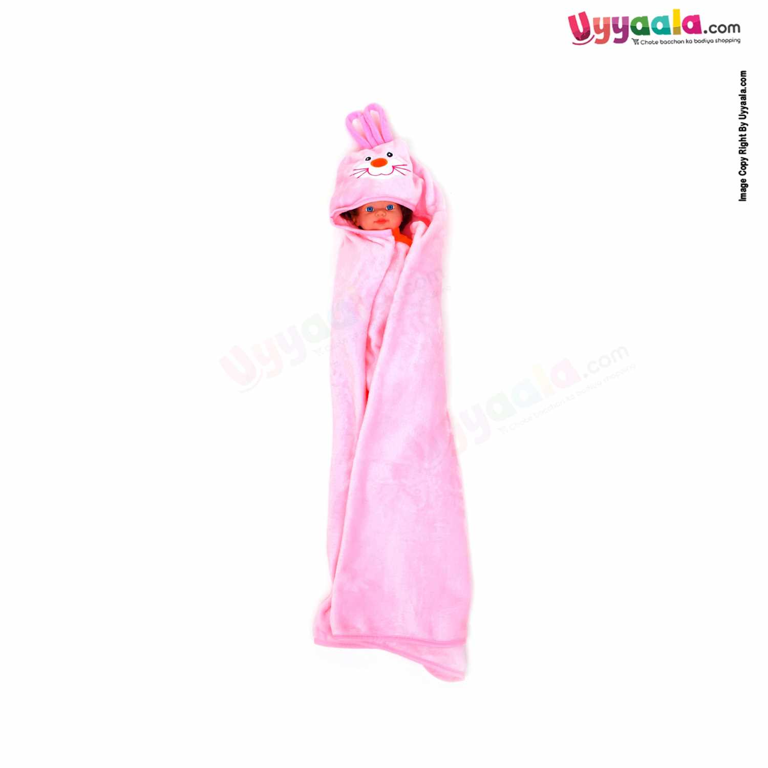 Hooded Coral Fur Blanket with Rabbit Character, 0-24m - Pink
