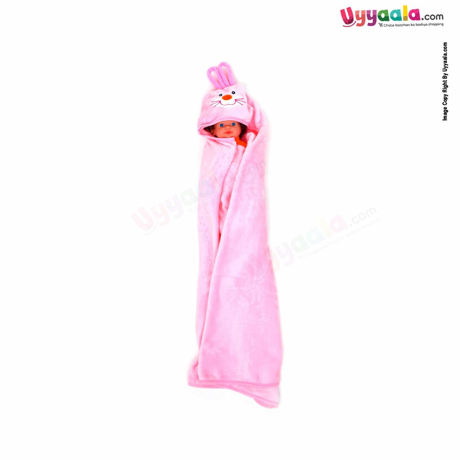 Hooded Coral Fur Blanket with Rabbit Character 0-24m Age, Pink