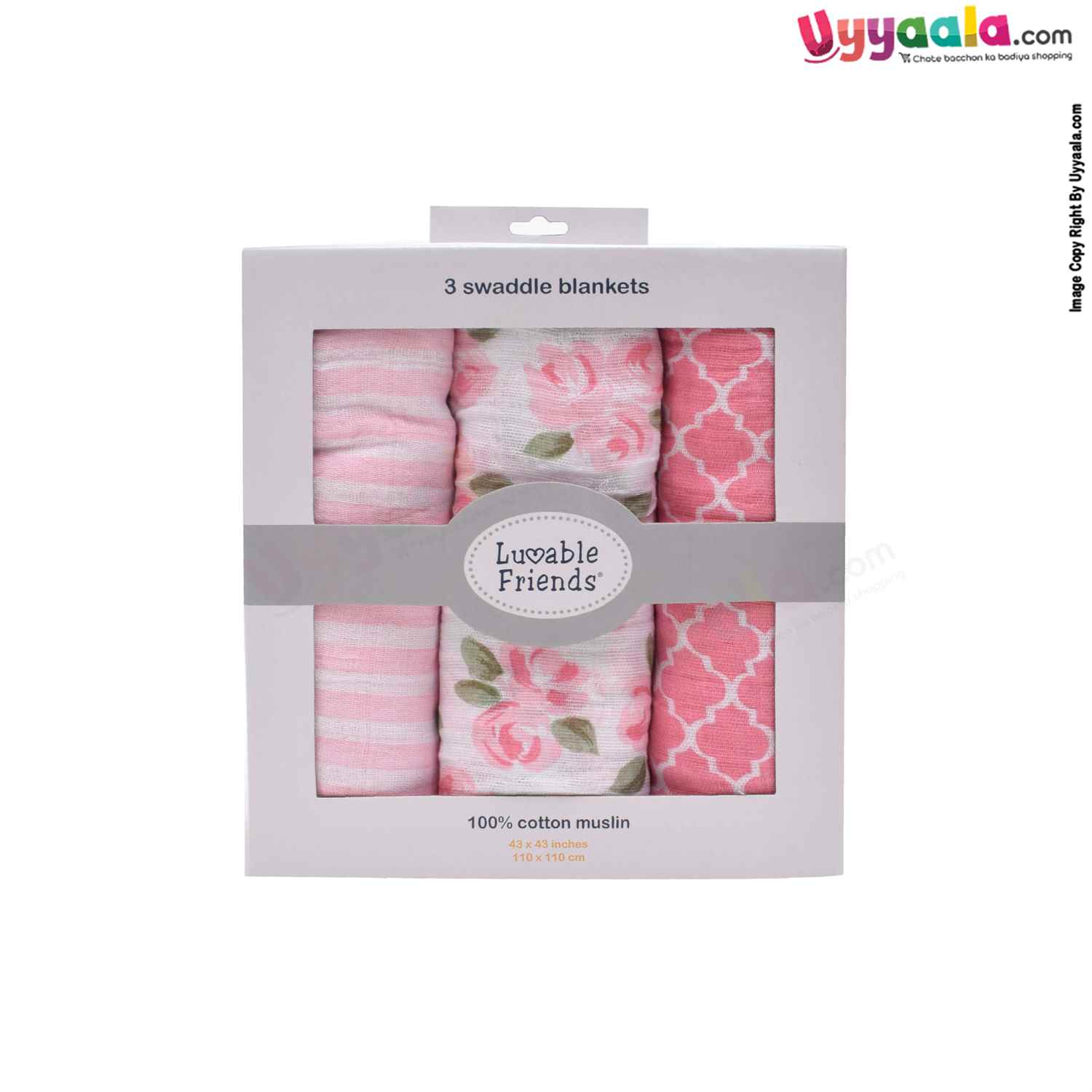 LUVABLE FRIENDS Muslin Cotton Wrapper Premium with Multi Print for Babies Pack of 3 0-24 Age, Size(110*110cm)-MultiColor