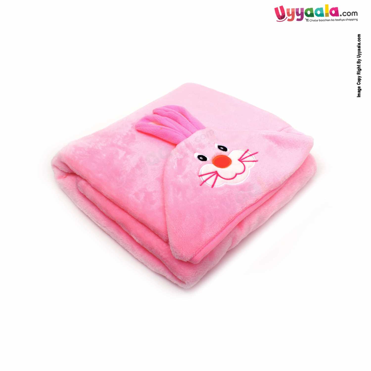 Hooded Coral Fur Blanket with Rabbit Character, 0-24m - Pink