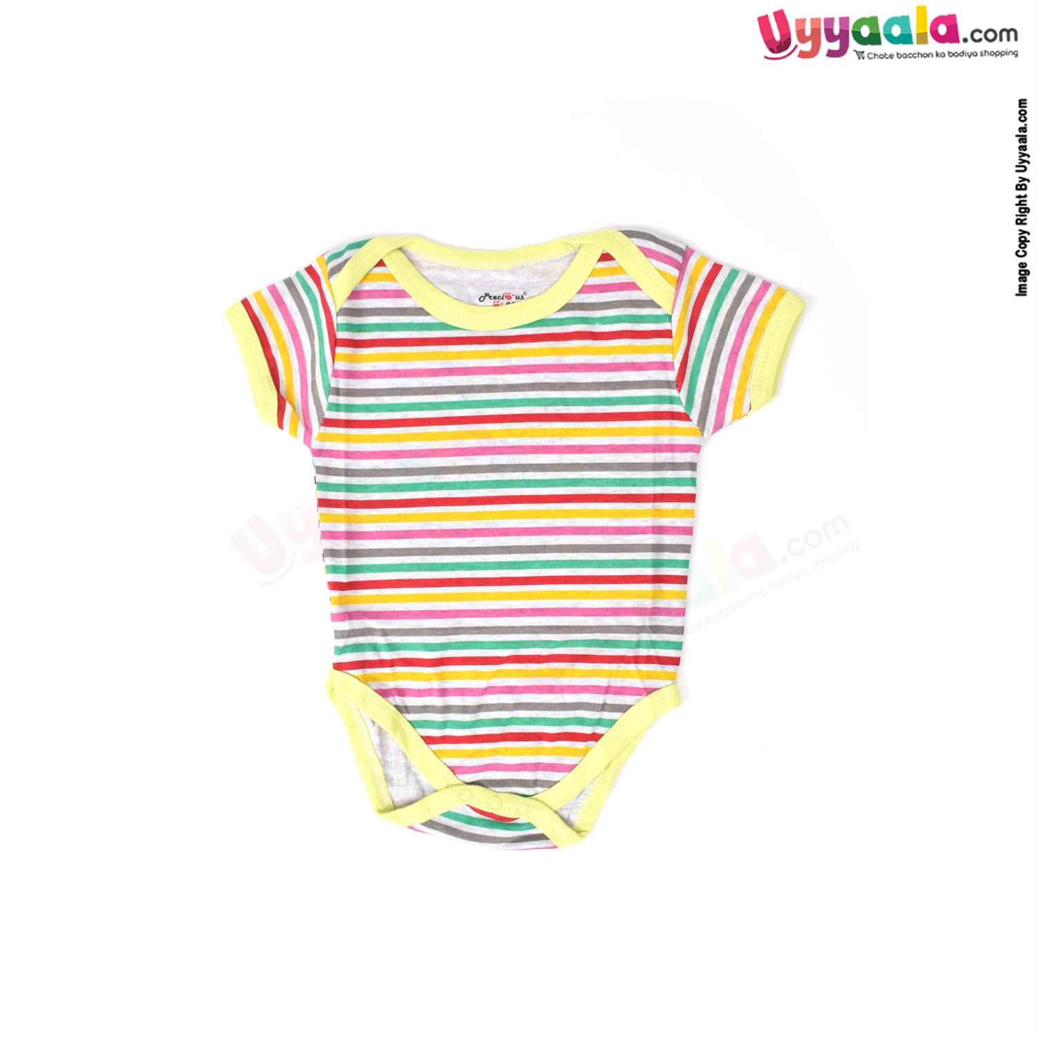 Precious One Short Sleeve Body Suit 100% Soft Hosiery Cotton - Green & Multicolour Stripes (6-9M)