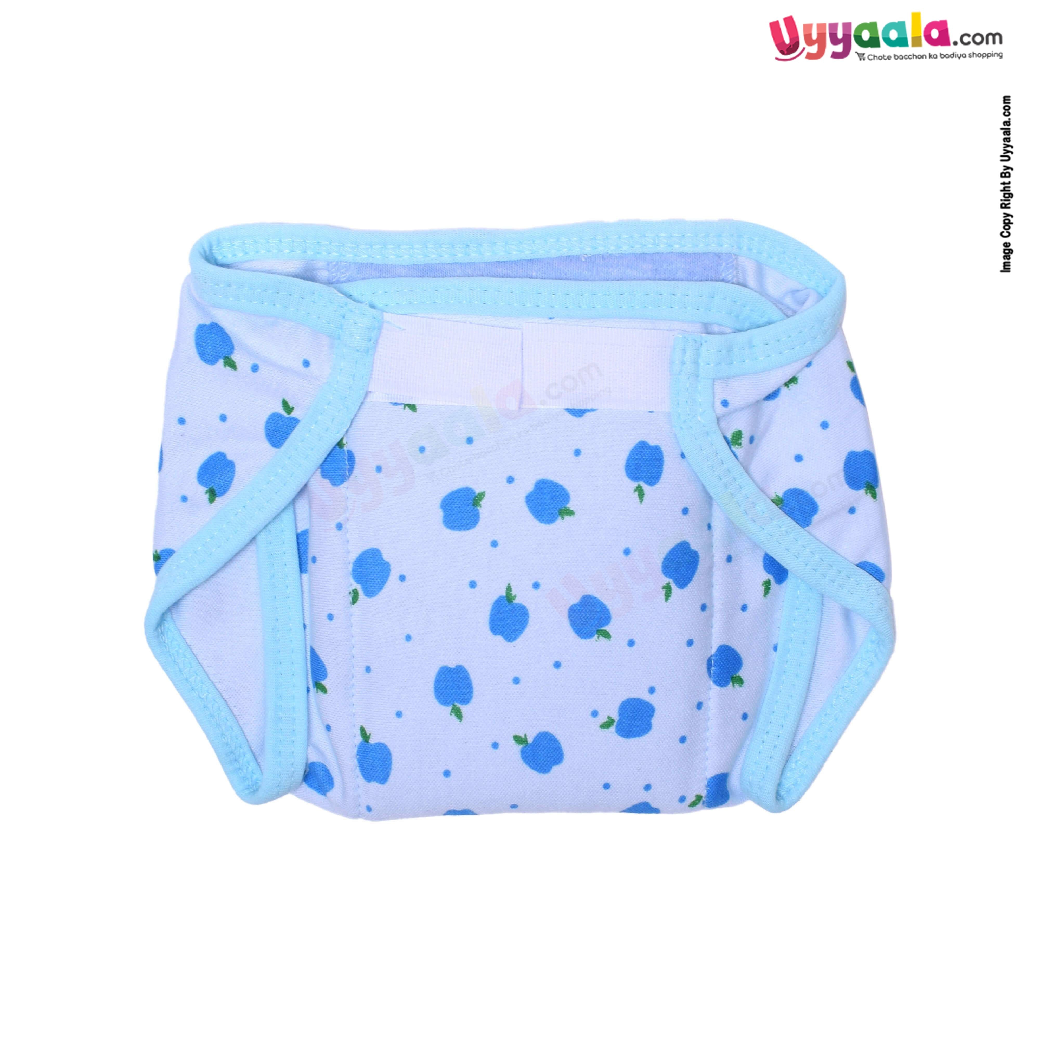COZYCARE Washable Diapers Hosiery Velcro Penguin Print (Pink, Green) & Apple Print (Blue) 3Pcs Set (SS)