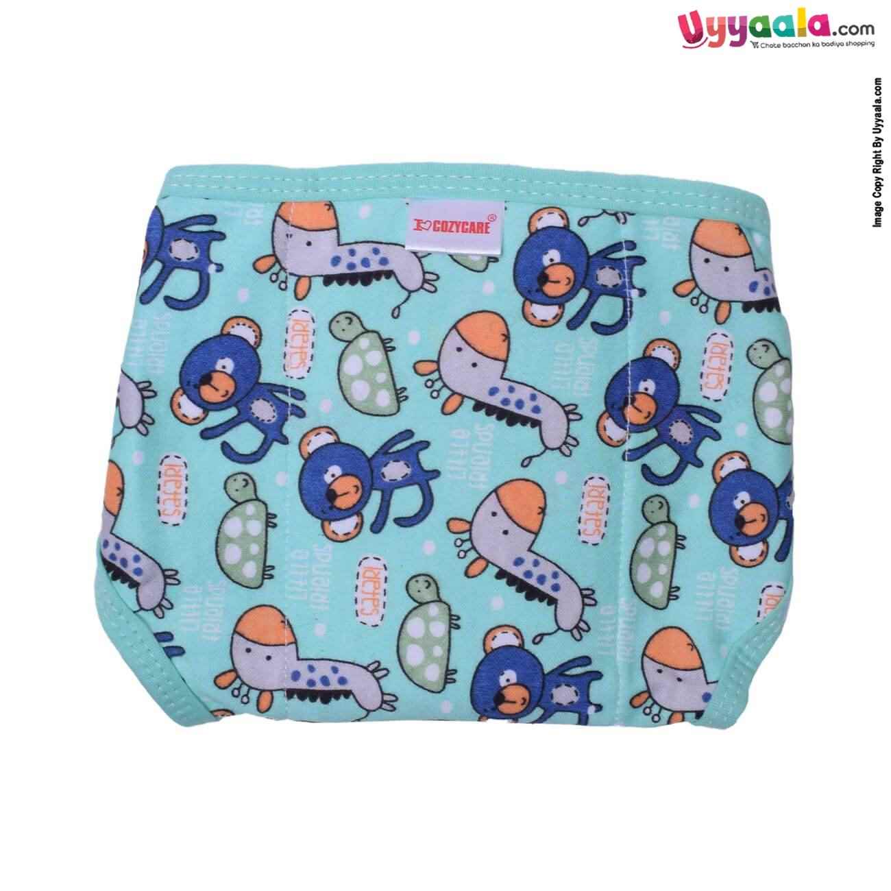 COZYCARE Washable Diapers Hosiery, Velcro Apple Print Blue(2) & Animal Print Green(1) -3P Set (SS)